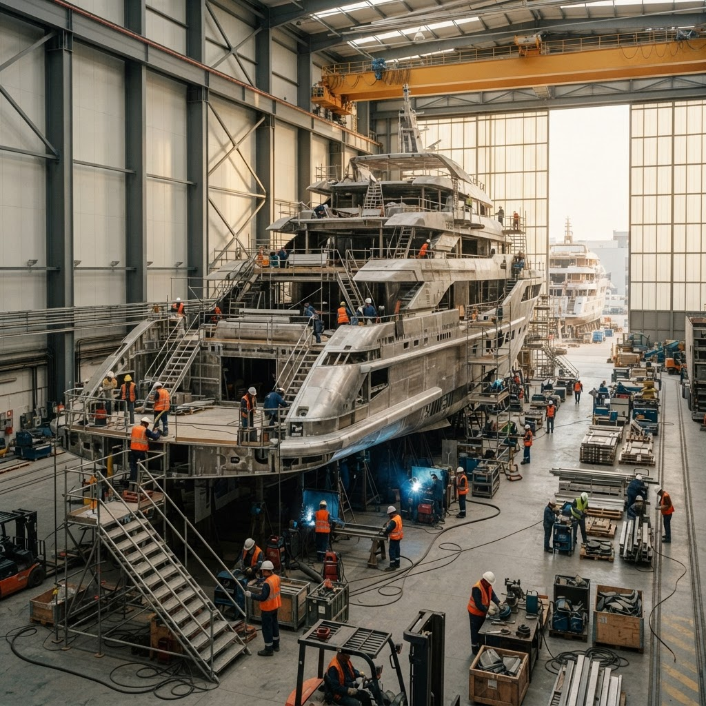 Luxury superyacht under construction in a modern shipyard